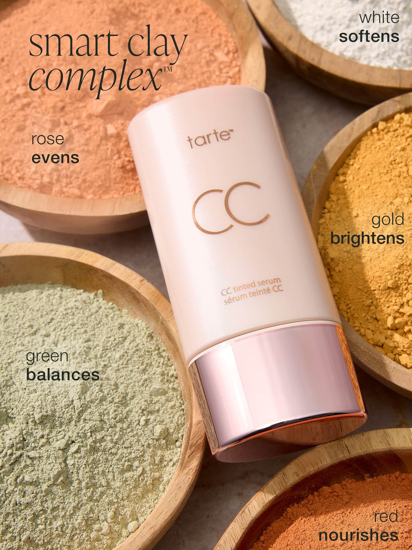Smart Clay Complex — rose evens, gold brightens, green balances, red nourishes, white softens