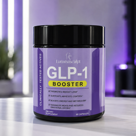 LummaSculpt GLP-1 Booster supplement bottle, studio product photo