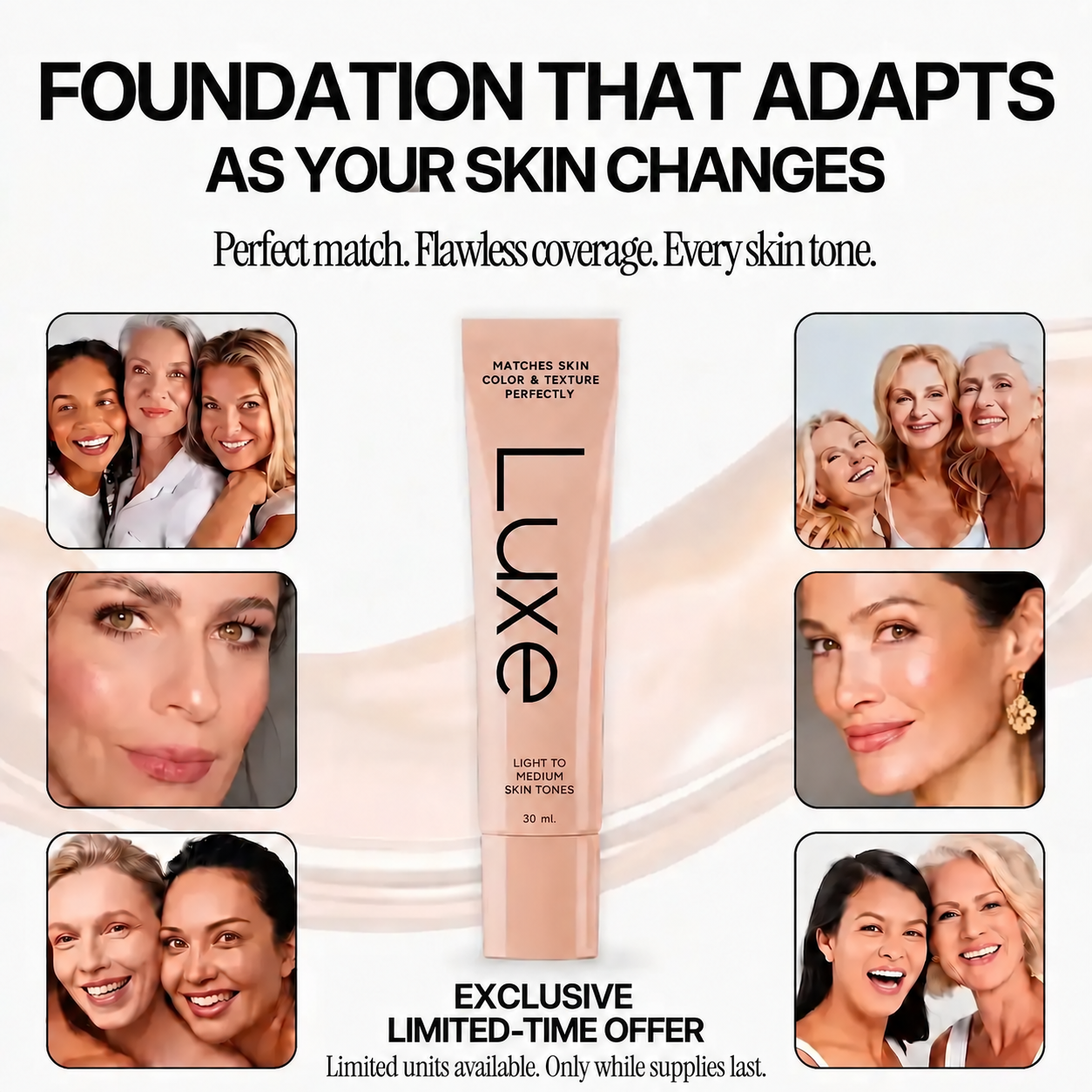 Luxe Color Changing Foundation promotional collage with tube and complexion portraits